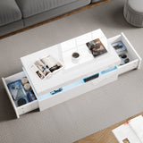 White coffee table with storage drawers in a living room setting