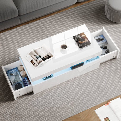 White coffee table with storage drawers in a living room setting