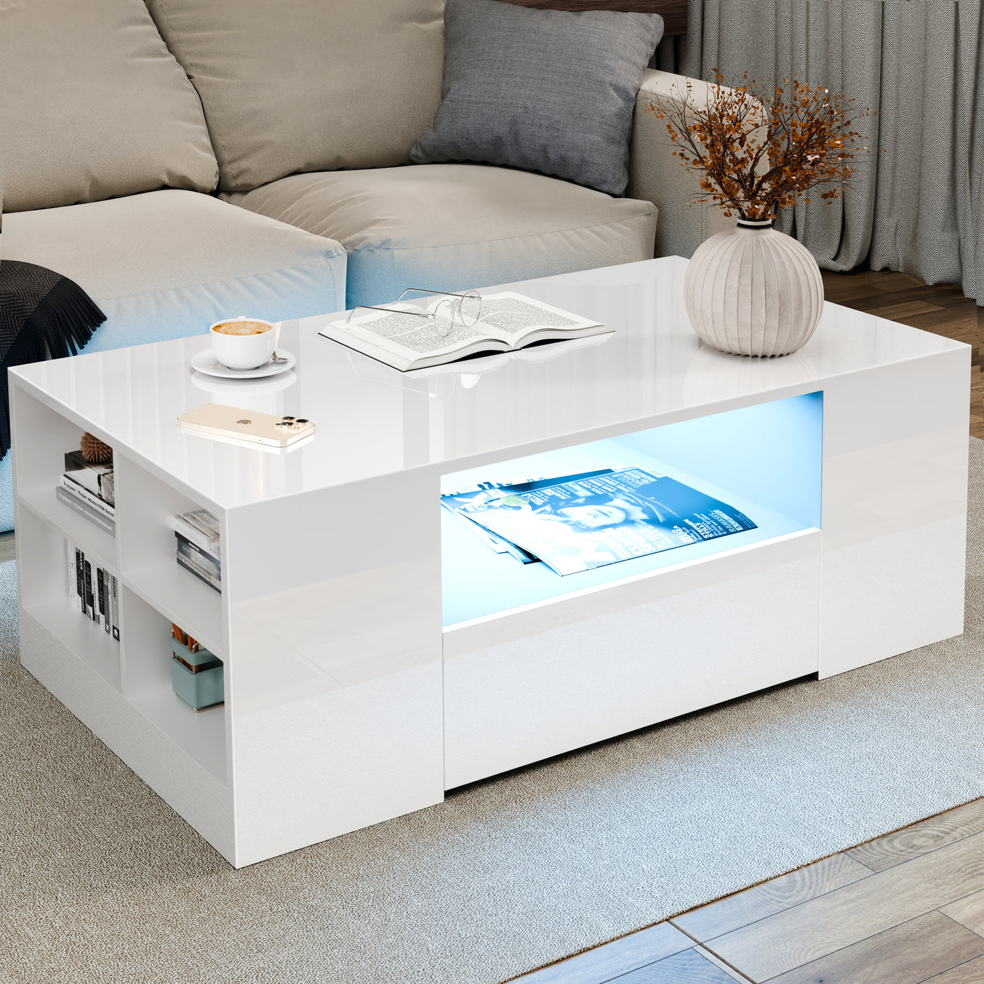 High Gloss Coffee Table With Storage & LED Lights