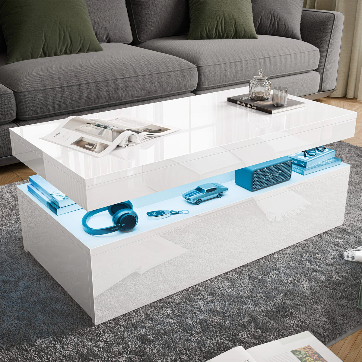 High Gloss Storage Coffee Table Drawers & LED Lights