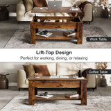 Lift top coffee table with storage in rustic  finish, shown in raised position as a work table and lowered as a coffee table in a modern living room.