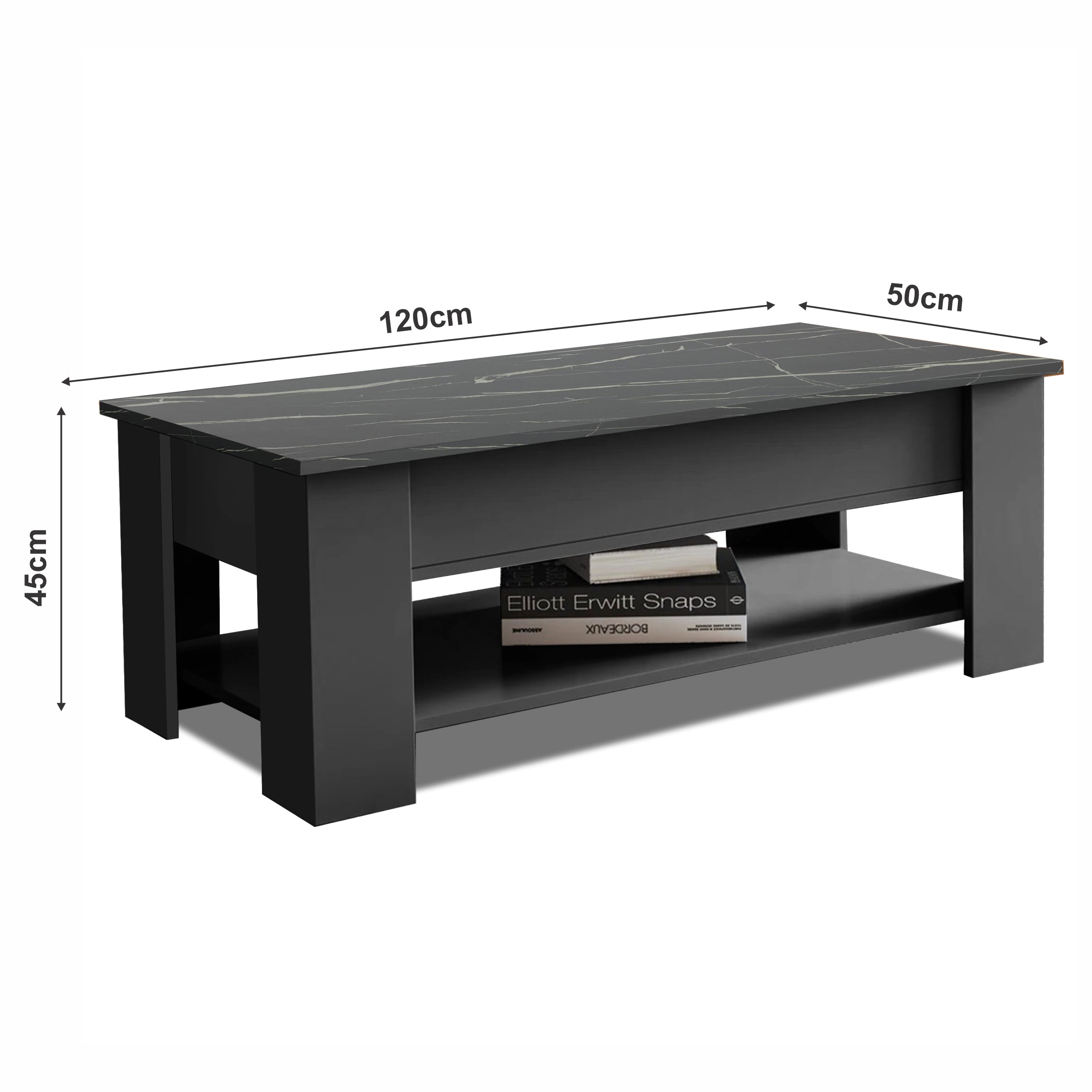 Modern marble top coffee table with gray base and lower storage shelf, ideal for living rooms.