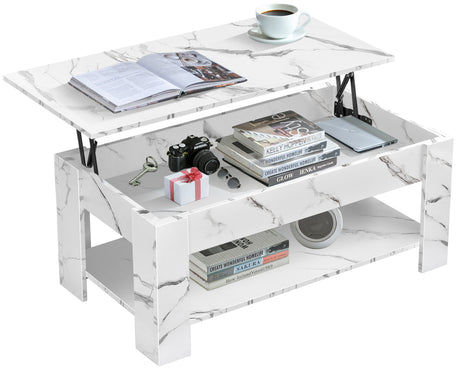 White marble lift-up coffee table with storage, decorated with books, camera, and gift box