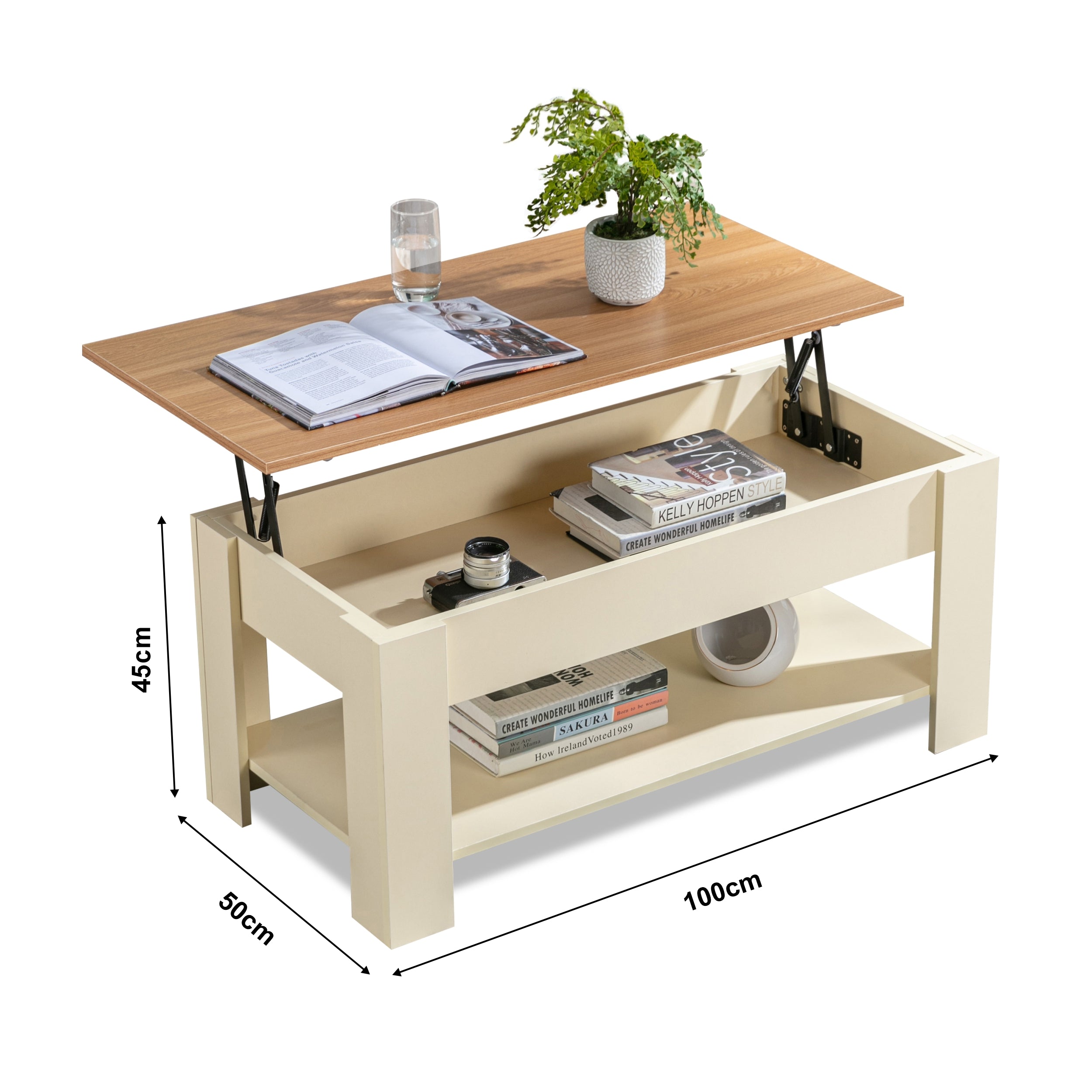 Lift-top coffee table with storage and a wooden top, featuring a modern design.