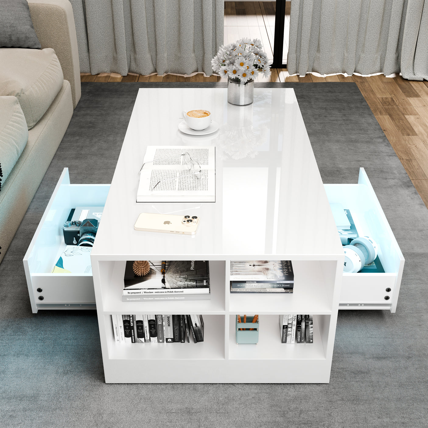 High Gloss Coffee Table With Storage & LED Lights