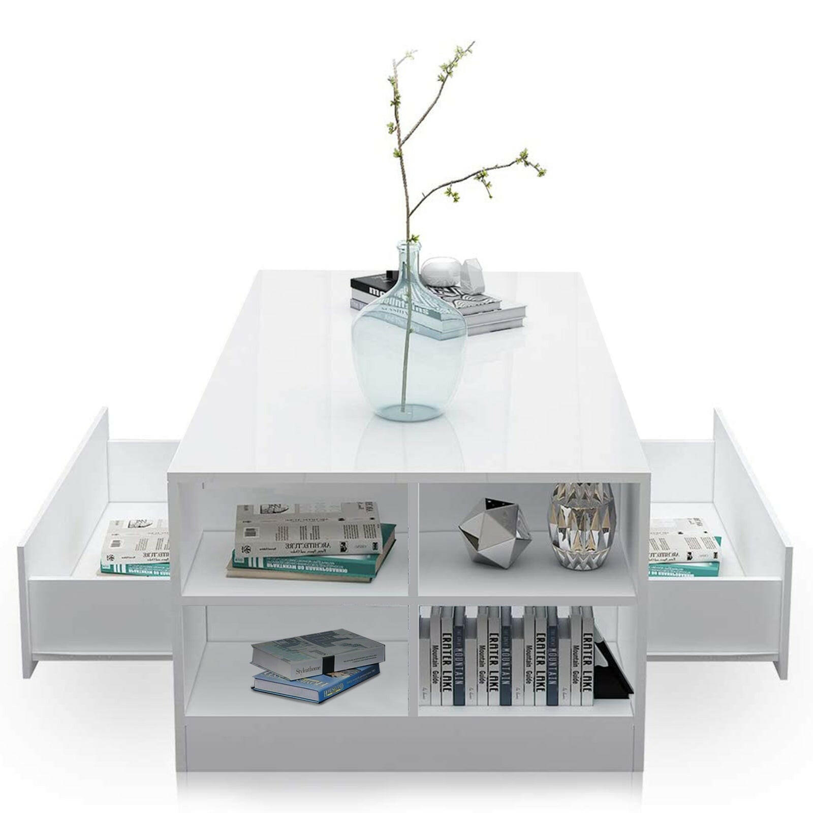 Elegant white coffee table with storage drawers and modern design for living room decor.