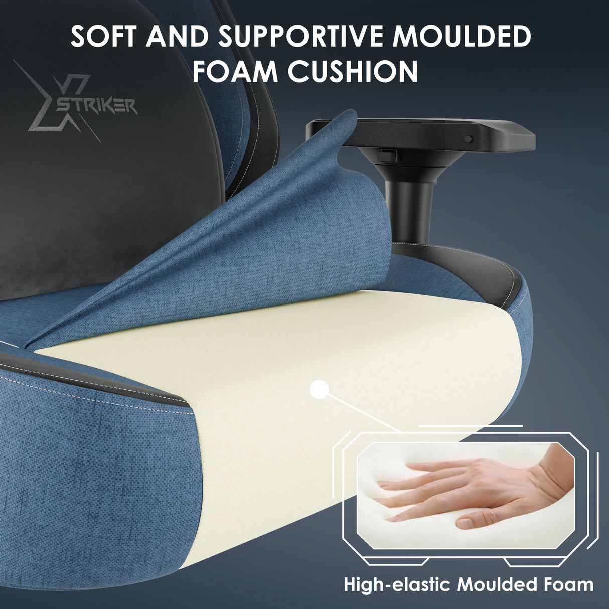 Xstriker Ergonomic Fabric Gaming Chair With 4D Armrest For Adults featuring soft moulded foam cushion and high-elastic support for long sessions. Ideal for gaming or office use.