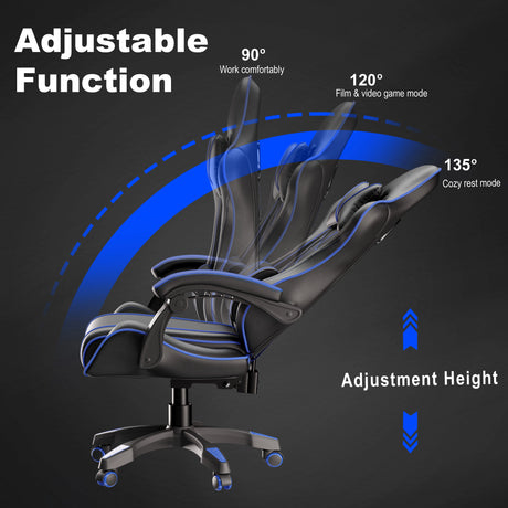 Reclining gaming chair with lumbar support and padded armrest in black and blue, showcasing adjustable reclining angles from 90° to 135° and height adjustment. Ideal for work, gaming, and rest modes in home or office setups.
