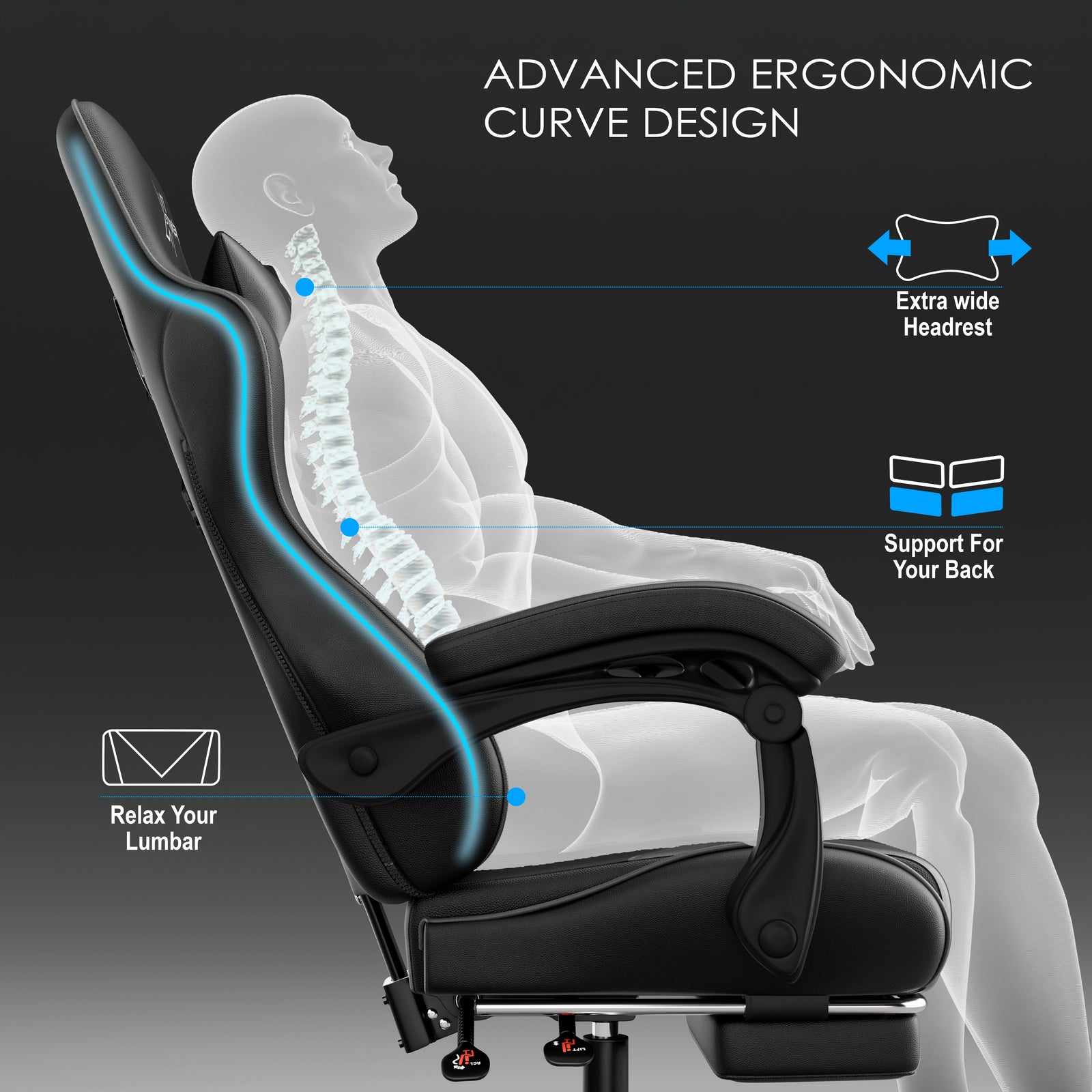 [Black + Grey] Xstriker Gaming Chair With Footrest featuring advanced ergonomic curve design, extra wide headrest, lumbar support, and reclining backrest for comfort.