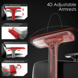 Xstriker Gaming Chair with 4D adjustable armrests showing up/down, side-to-side, front/back, and rotation features for ergonomic support.