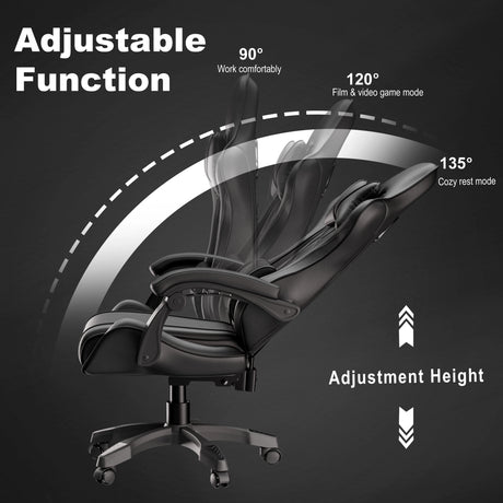 Ergonomic Gaming Chair With Lumbar Support and Padded Armrest | DHS reclines from 90° to 135° with adjustable height for work, gaming, and rest modes.