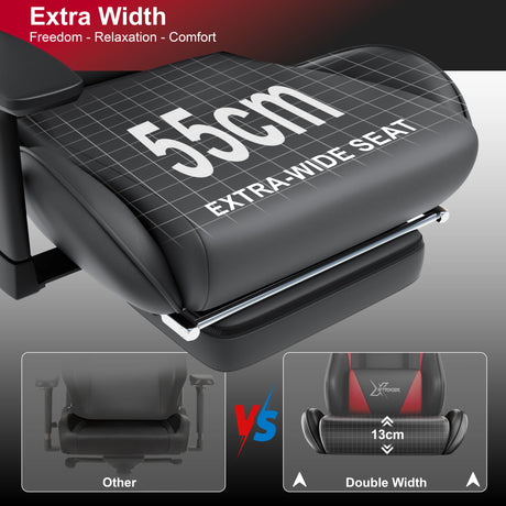 Comfy Gaming Chair with Footrest, Wide Seat & 3D Armrest Xstriker featuring a 55cm extra-wide seat for enhanced comfort and support during long sessions.