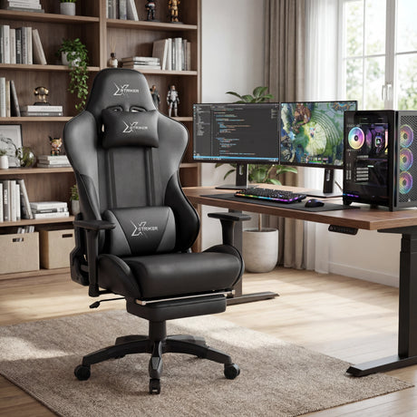 Comfy Gaming Chair with Footrest, Wide Seat & 3D Armrest Xstriker in black setup in a modern home office with dual monitors and gaming PC. Ideal for long gaming or work sessions.