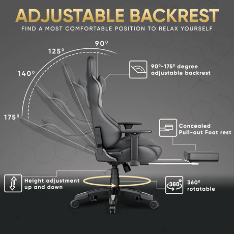 Comfy Gaming Chair with Footrest, Wide Seat & 3D Armrest Xstriker featuring 175° adjustable backrest and extendable footrest for ergonomic comfort.