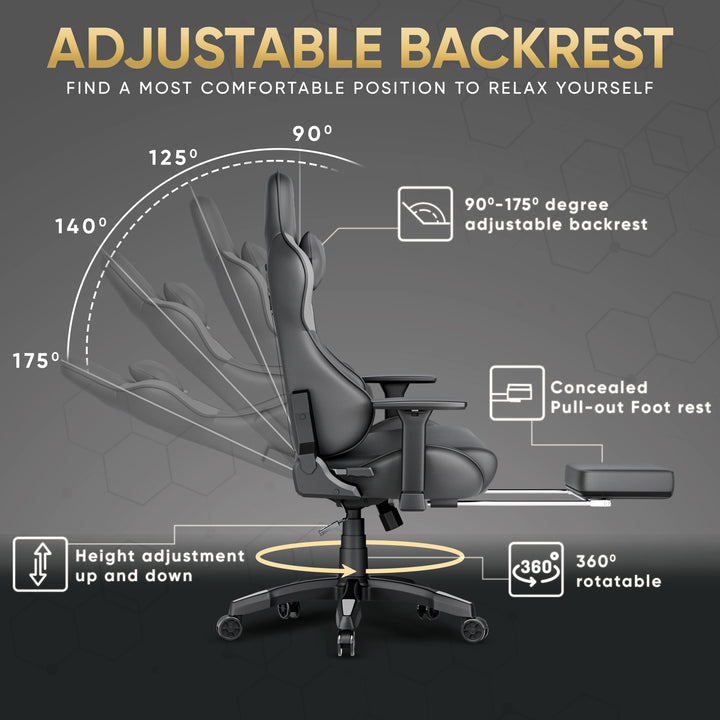 [Dark Grey + Light Grey] Comfy Gaming Chair with Footrest, Wide Seat & 3D Armrest Xstriker featuring 175° adjustable backrest and extendable footrest for ergonomic comfort.