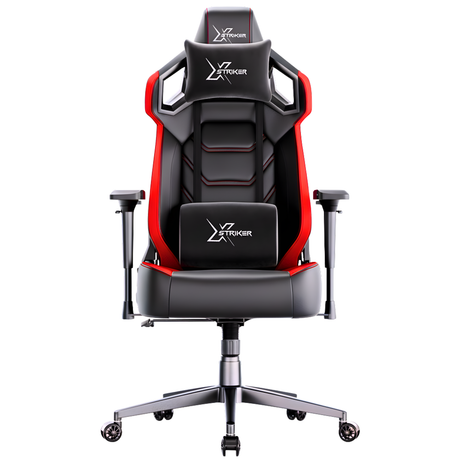 Xstriker High Back Gaming Chair in black and red with ergonomic design, 4D armrests, lumbar and neck support. Ideal for gaming or office use.