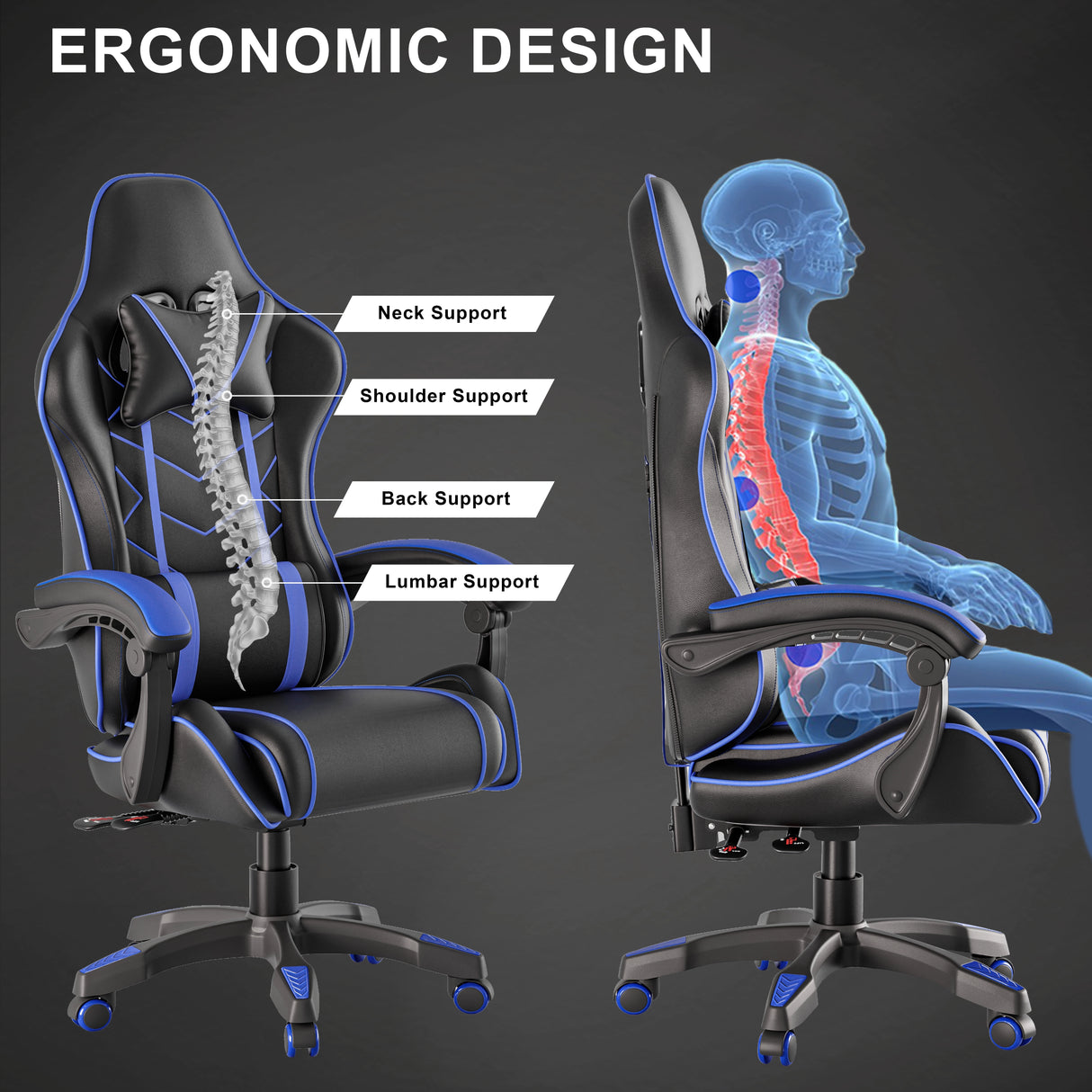 Ergonomic office chair with highlighted support features and a human skeleton illustration on a dark background.