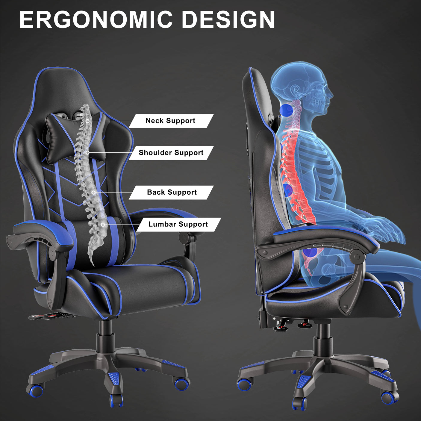 Ergonomic pc chair with highlighted support features and a human skeleton illustration on a dark background.