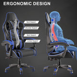 Ergonomic office chair with highlighted support features and a human skeleton illustration on a dark background.