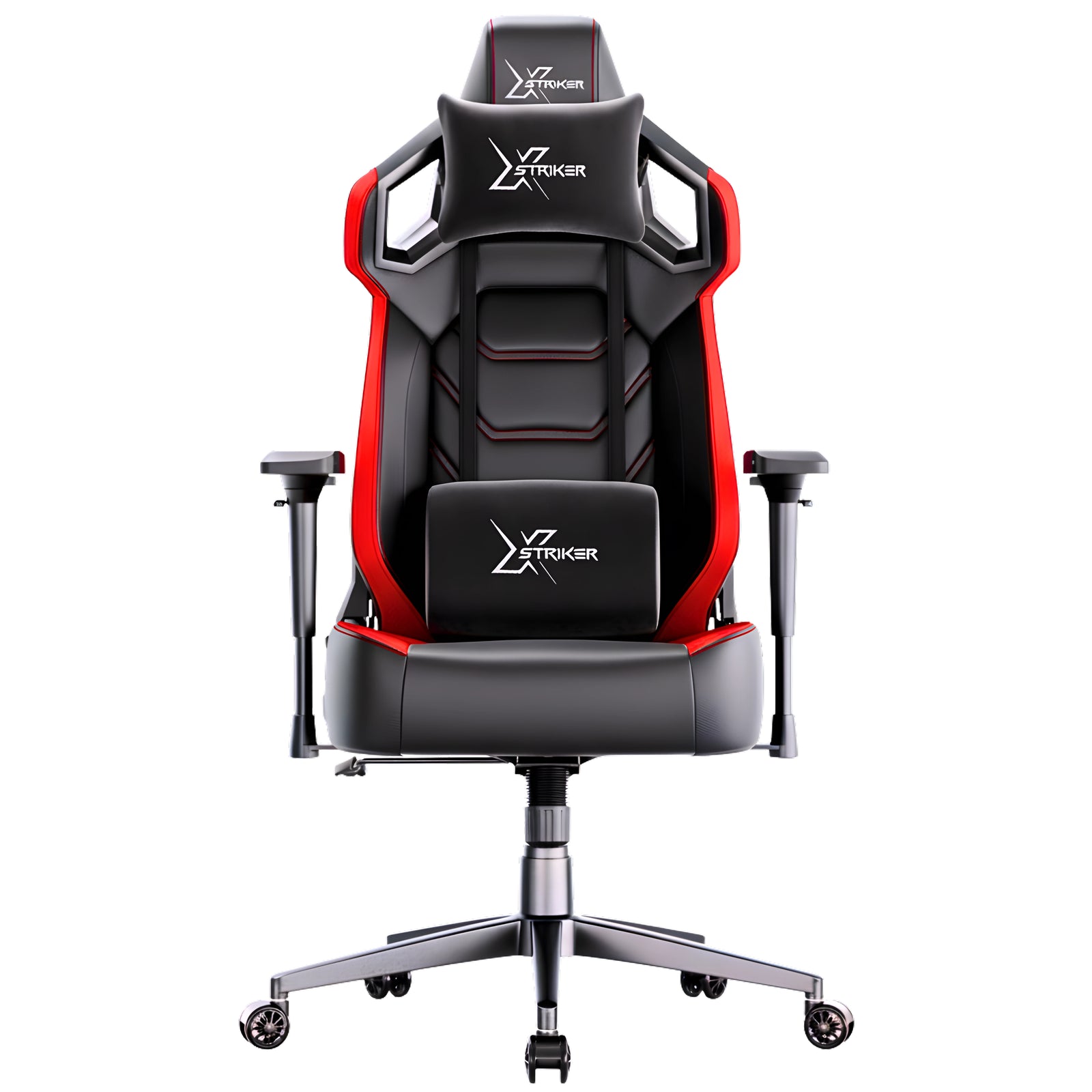 [Black + Red] Xstriker High Back Gaming Chair in black and red with ergonomic design, 4D armrests, lumbar and neck support.