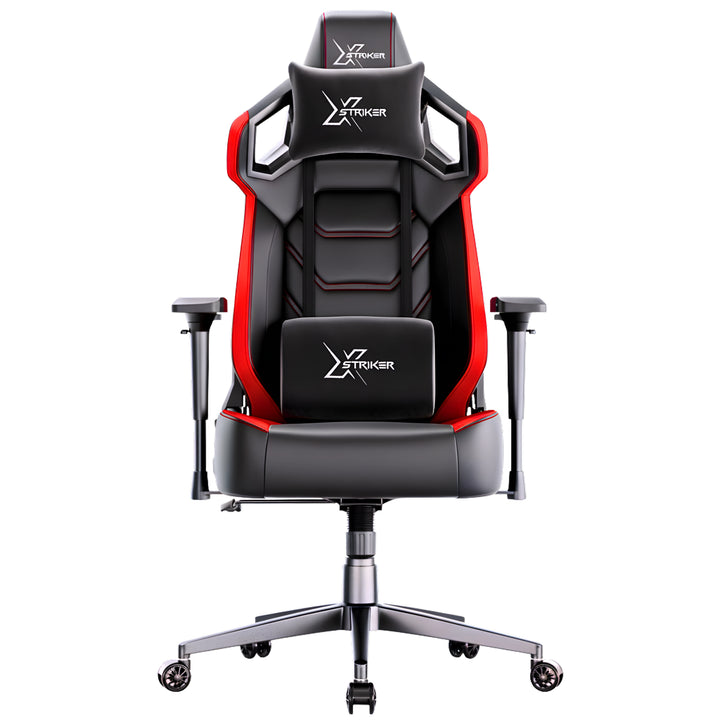 [Black + Red] Xstriker High Back Gaming Chair in black and red with ergonomic design, 4D armrests, lumbar and neck support.
