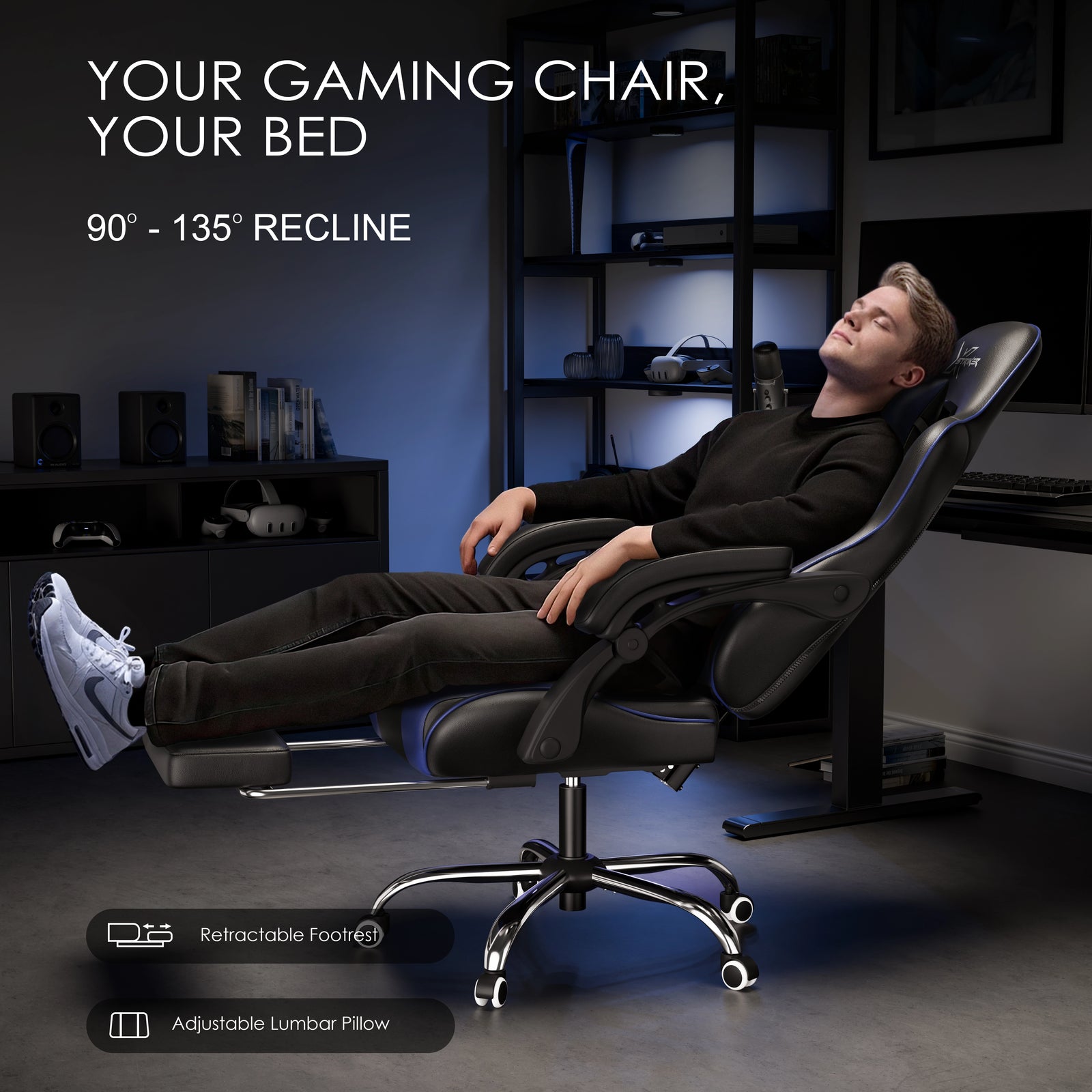 [Black + Blue] Xstriker Gaming Chair With Footrest reclined at 135 degrees, showing ergonomic design with adjustable lumbar pillow and retractable footrest. Ideal for home or office gaming setups.