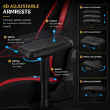 [Black + Red] Adjustable office gaming chair armrest infographic showing six customization options: height, depth, swivel, and width adjustment.