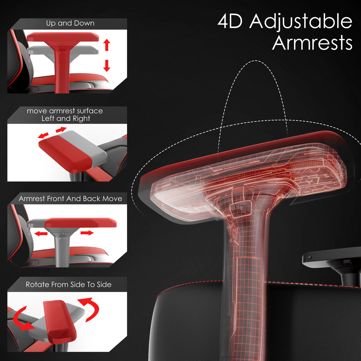 Xstriker Gaming Chair with 4D adjustable armrests showing up/down, left/right, forward/backward, and side rotation functions. Ideal for ergonomic gaming.