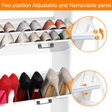 Small shoe storage cabinet in white marble finish; close-up shows adjustable dividers inside pull-down drawers.