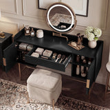 Compact black dressing table with ample storage space and a large round mirror for a modern look