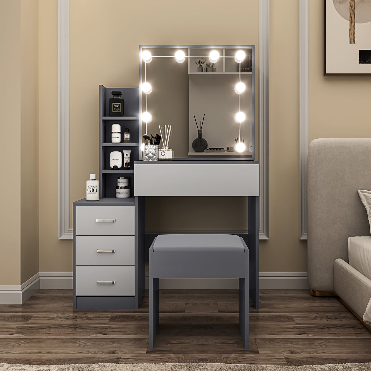 Compact dressing table with mirror LED, grey drawers, shelves, and stool for small bedrooms.