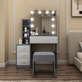 Compact dressing table with mirror LED, grey drawers, shelves, and stool for small bedrooms.