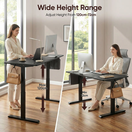 Black Electric Standing Desk - Adjustable Gaming Office Desk shown in standing and sitting positions with height range from 72cm to 120cm.