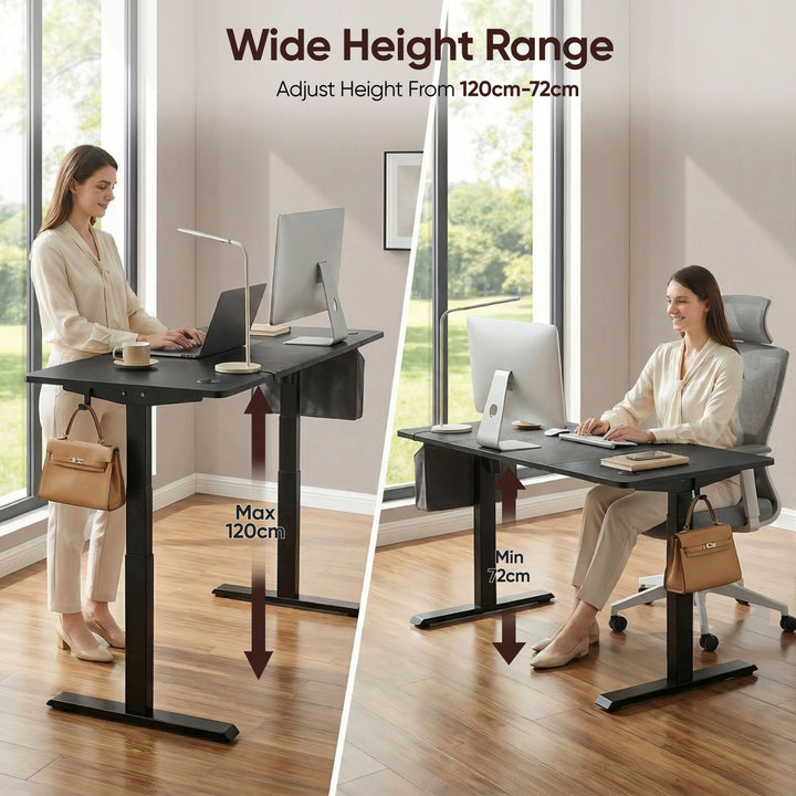 [160cm x 70cm] 160cm black electric desk height range comparison, 72-120cm arrows, woman with laptop in each panel