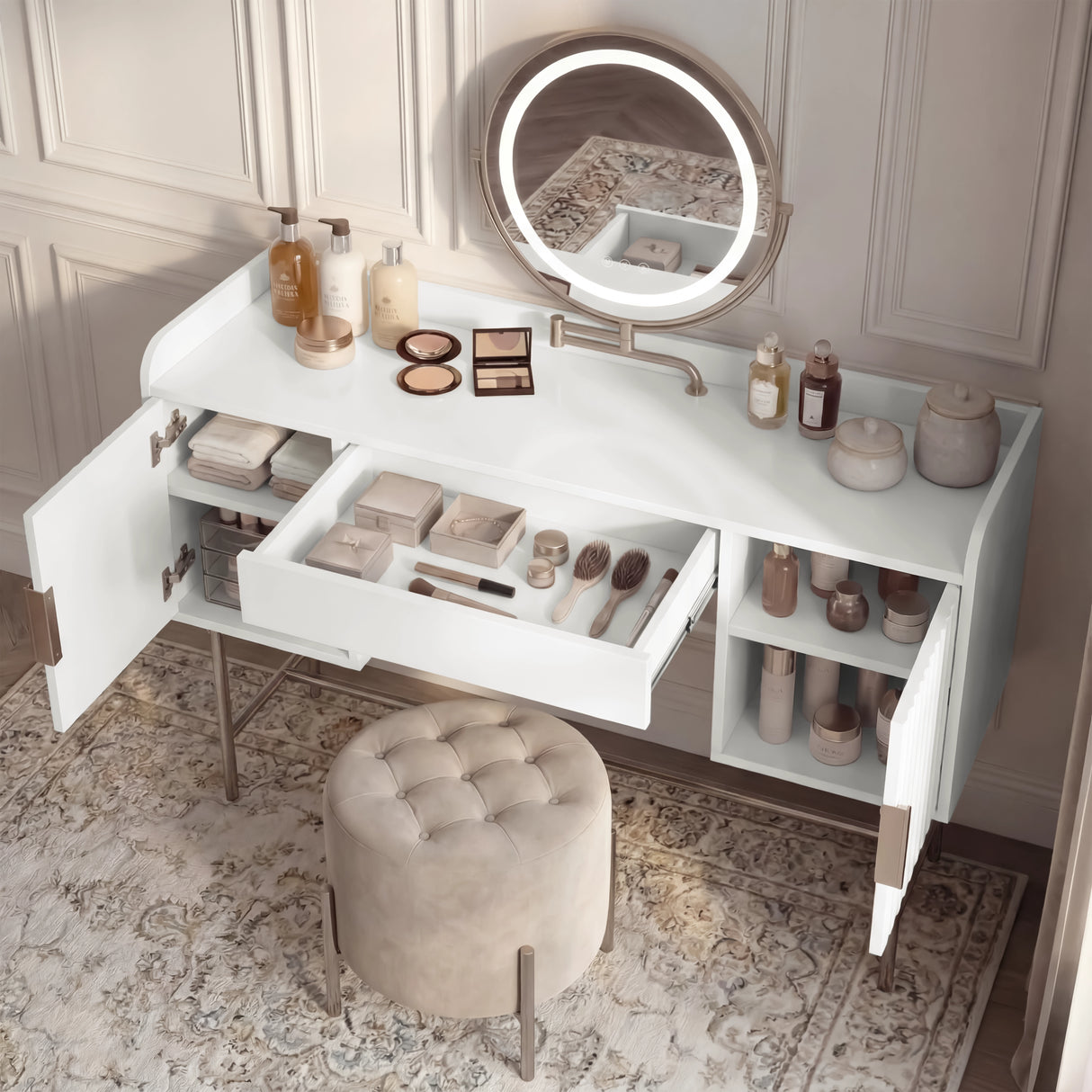 Minimalist white dressing table with a drawer and 4 shelves, showing a circular mirror, storage and beauty essentials