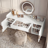 Minimalist white dressing table with a drawer and 4 shelves, showing a circular mirror, storage and beauty essentials