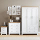 Complete bedroom furniture sets with white chest of drawers, bedside table, wardrobe.
