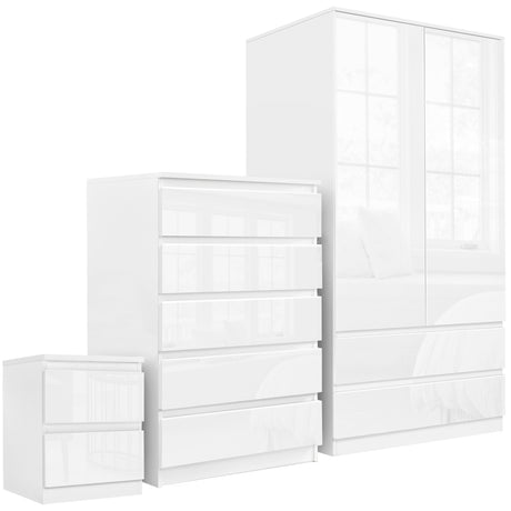 Complete white bedroom set with wardrobe, drawers, and bedside table for a stylish.