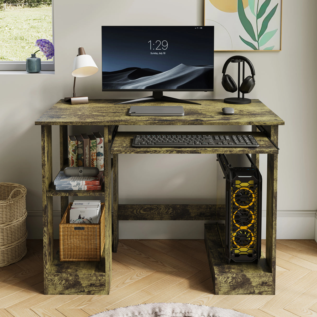 Home office computer desk with shelves for working, reading & gaming in rustic wood finish, featuring a keyboard tray and side storage compartments.