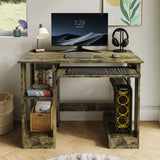 Home office computer desk with shelves for working, reading & gaming in rustic wood finish, featuring a keyboard tray and side storage compartments.