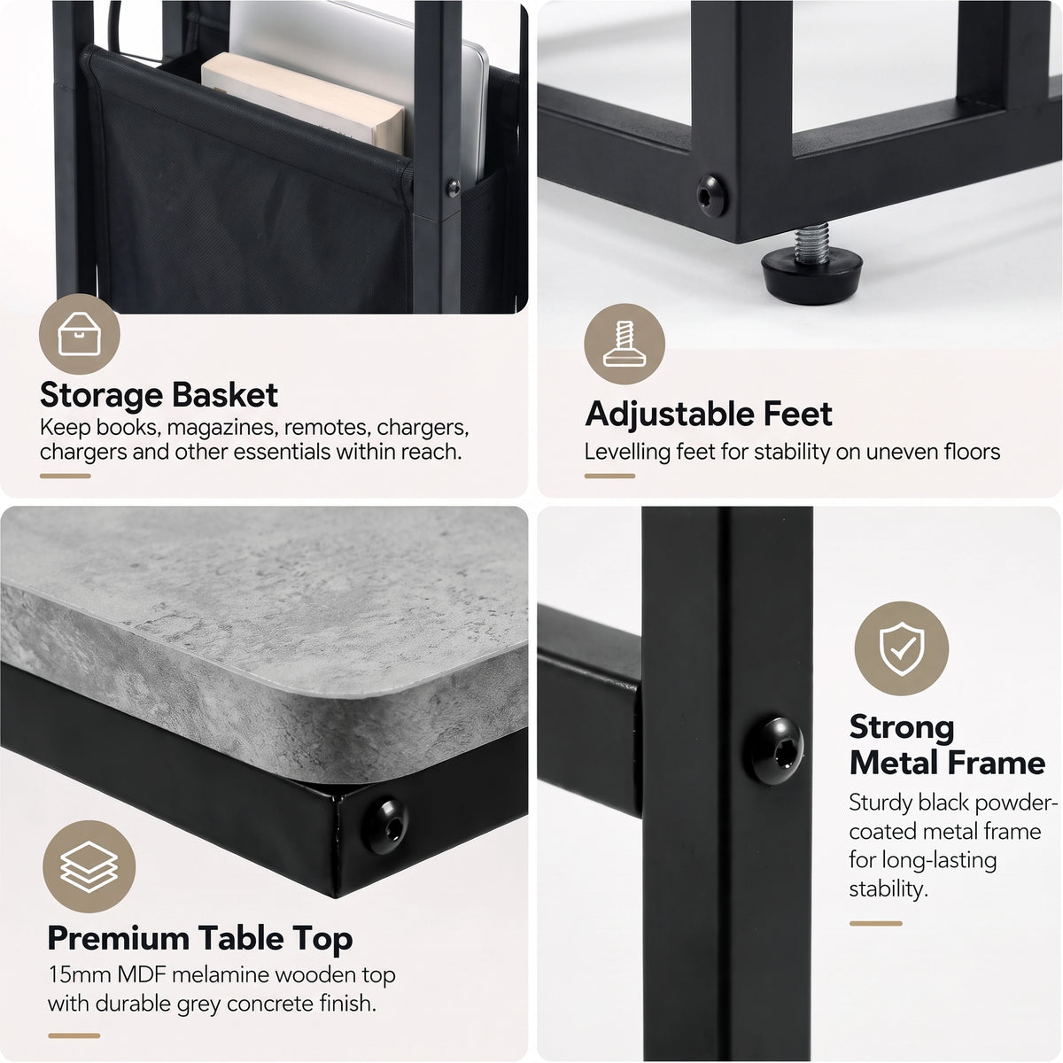 [Concrete] feature graphic: storage basket, premium tabletop and strong metal frame details