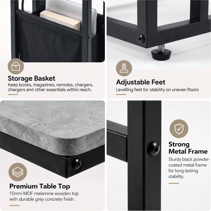[Concrete] feature graphic: storage basket, premium tabletop and strong metal frame details