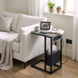 [Concrete] sofa side table side view with concrete-effect top, socket panel, tea, power cable and storage pouch