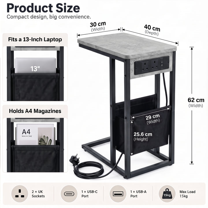 [Concrete] Size graphic: 30W x 40D x 62H cm; pouch for 13-inch laptop & A4 magazines; USB-A/C, 2 UK sockets,  15kg weight limit