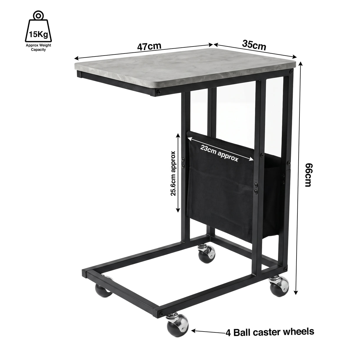 [Concrete] dimensions graphic: 47 W x 35D x 66H mm, 15 mm top, 20 mm metal frame, 4 caster wheels