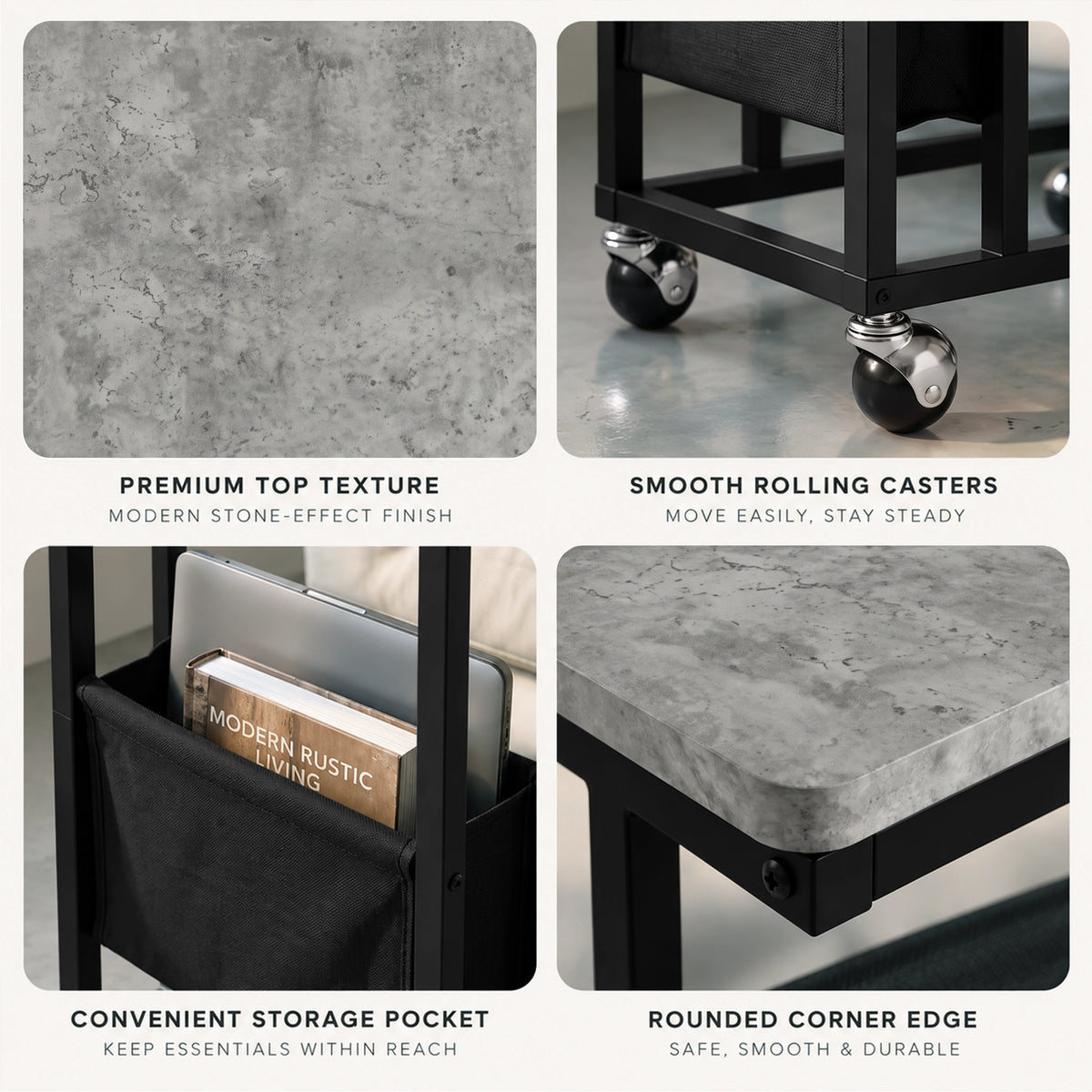 [Concrete] feature graphic: tabletop texture, smooth rolling casters, storage pocket and rounded corner edge