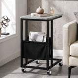 [Concrete] C-shaped side table straight side view with concrete-effect top, pouch and four caster wheels