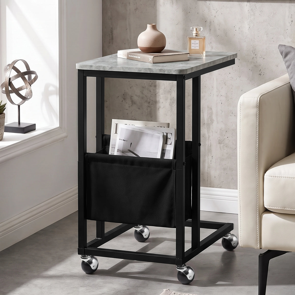 [Concrete] C-shaped side table straight side view with concrete-effect top, pouch and four caster wheels