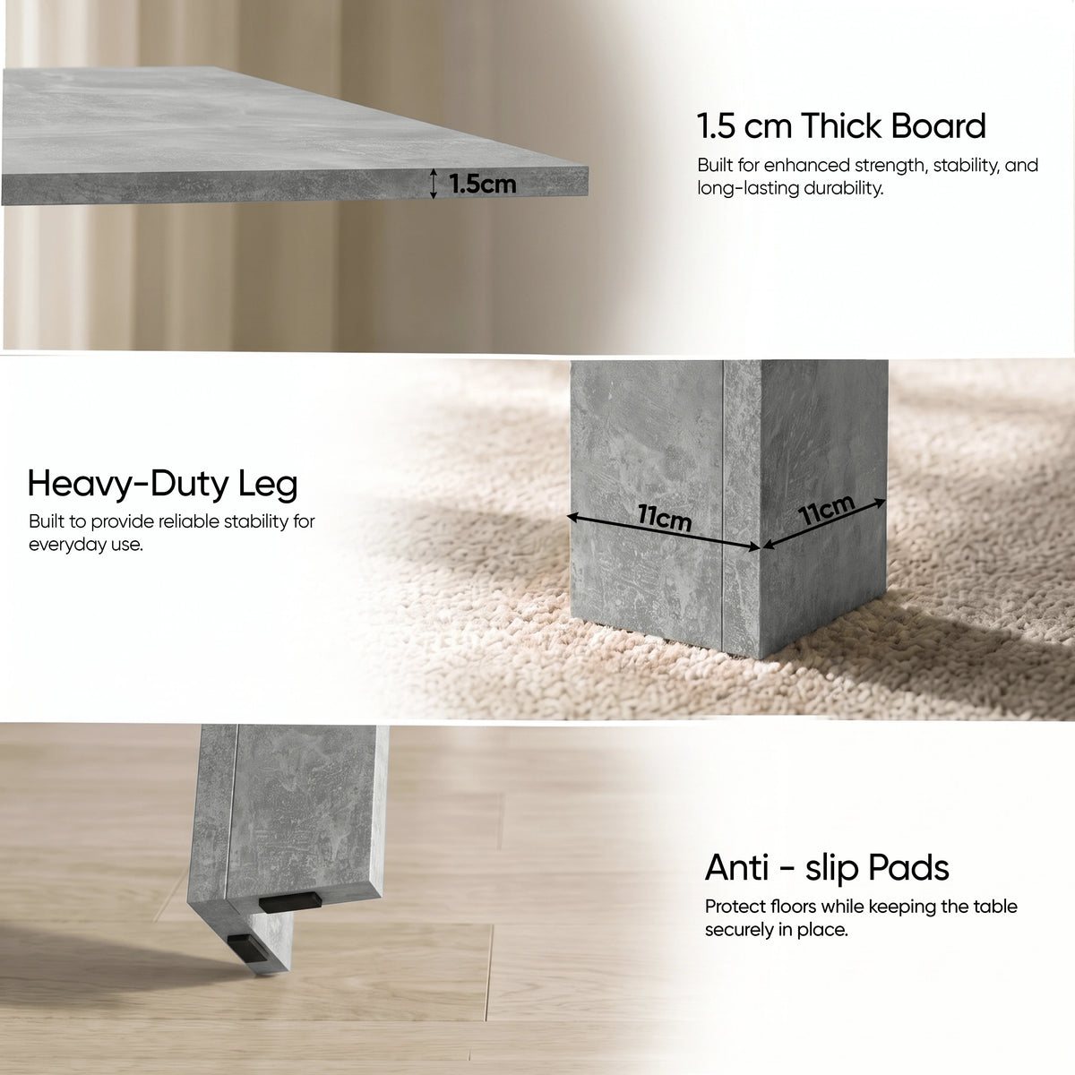[Concrete] Detail guide showing a 1.5cm tabletop, 11cm legs and anti-slip footpads