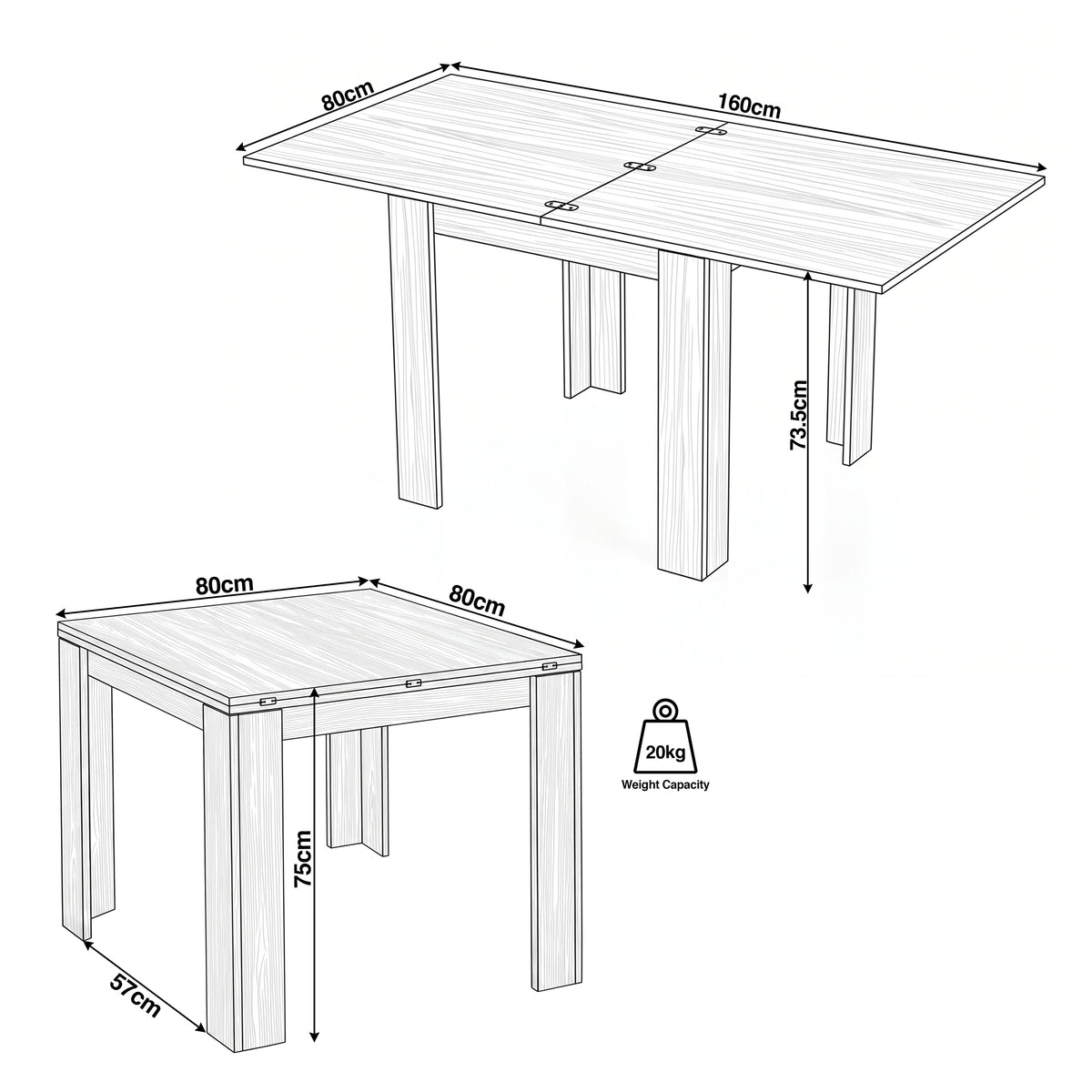 [Concrete] Flip-top table size guide showing closed and extended dimensions, clearance and 20kg capacity